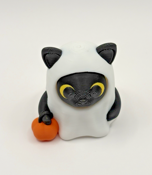 3D Printed Ghost Cat Halloween Fidget Toy w/ Pumpkin Spooky Desk Figure